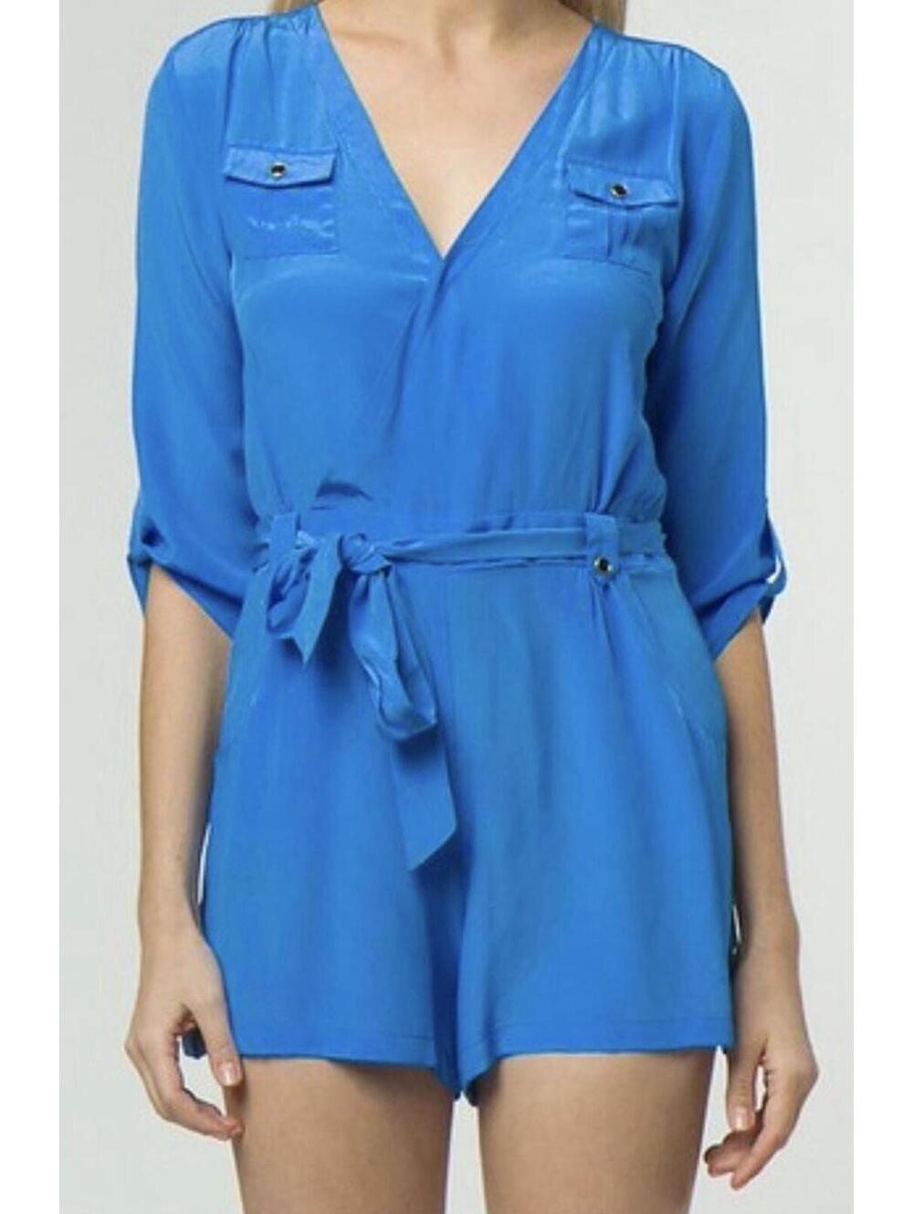 Cache Blue Shorts Jumpsuit 3” Silk Blend Belted Blue XS